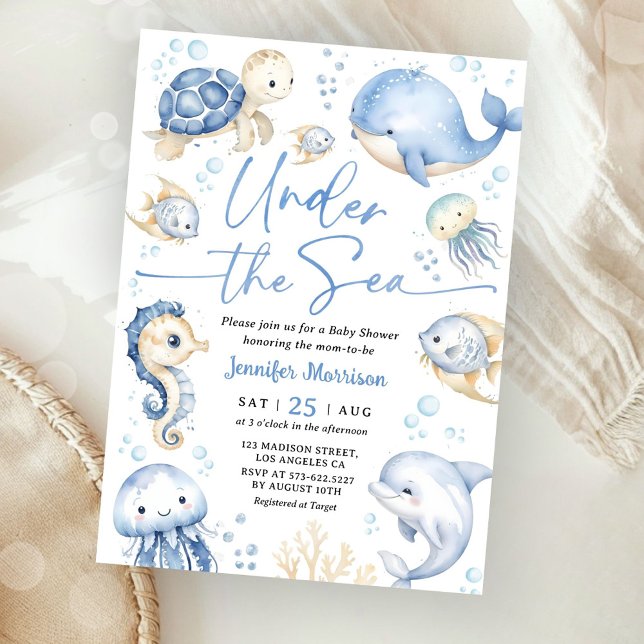 Under The Sea Ocean Baby Shower Boy Dusty Blue Invitation (Creator Uploaded)