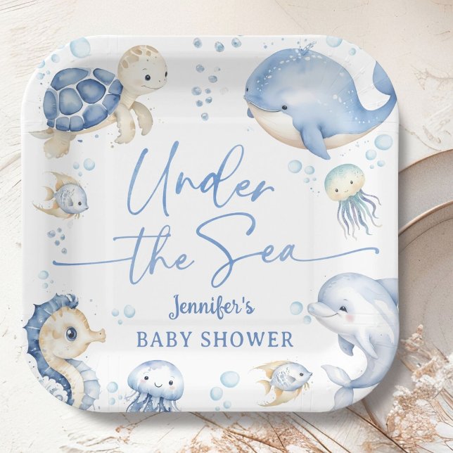 Under The Sea Ocean Baby Shower Boy Dusty Blue Paper Plate (Creator Uploaded)