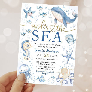 Under The Sea Ocean Baby Shower Boy Navy Blue Gold Invitation