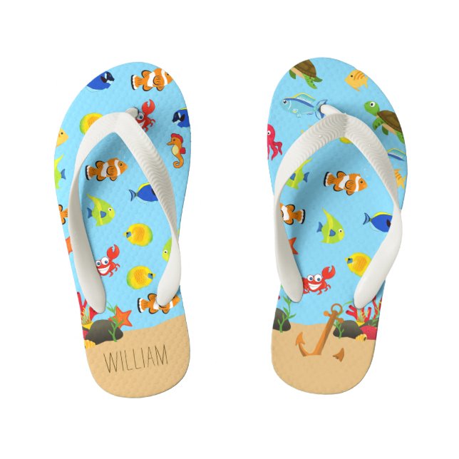 Under the Sea Ocean Fish and Anchor Child Name Kid's Flip Flops (Footbed)