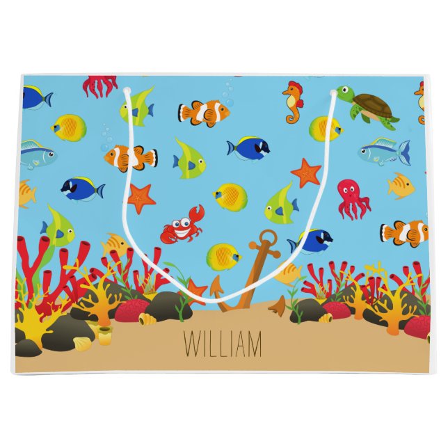 Under the Sea Ocean Fish and Anchor Kid Name Large Gift Bag (Front)