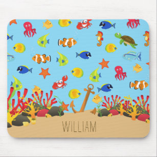 Under the Sea Ocean Fish and Anchor Kid Name Mouse Mat