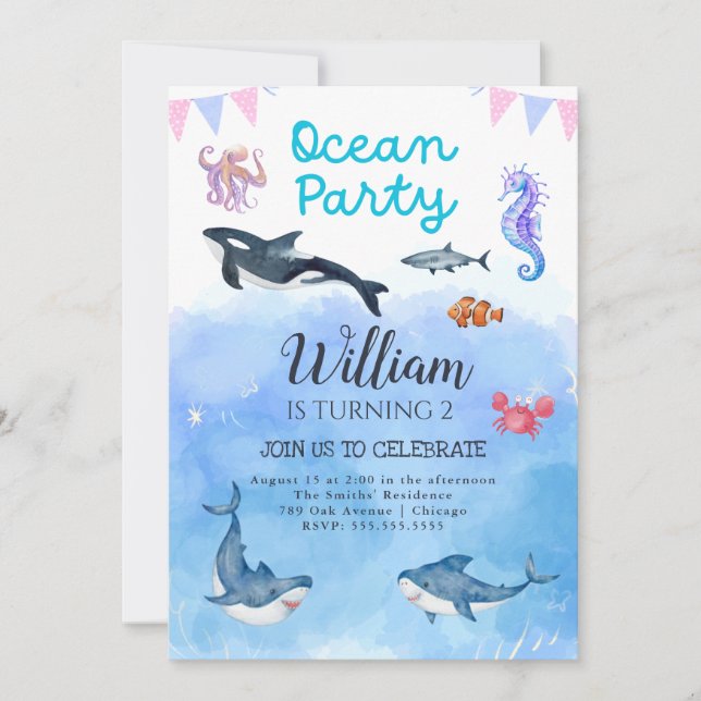 Under the sea Ocean Kids Birthday Party Invitation (Front)