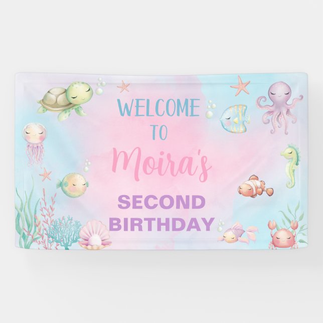 Under the Sea Ocean Life girl birthday banner, Banner (Horizontal)