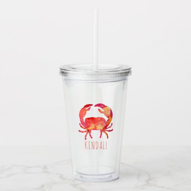 Under The Sea Ocean Red Watercolor Crab Acrylic Tumbler (Front)