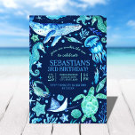 Under The Sea Ocean Sea Animal Dark Blue Birthday Invitation<br><div class="desc">This under the sea ocean sea animals invitation design features a circular wreath of hand painted watercolor sea creatures in a colour palette of blues and greens. There are whales, jellyfish, sea shells, coral, sea turtles, seahorses, starfish, stingrays, crabs and more. This design is intended for a 3rd birthday but...</div>