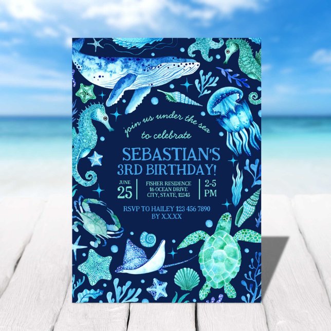Under The Sea Ocean Sea Animal Dark Blue Birthday Invitation (Under The Sea Ocean Sea Animal Dark Blue Birthday Invitation)
