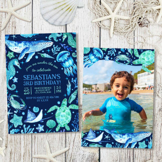 Under The Sea Ocean Sea Animal Dark Blue Photo Invitation