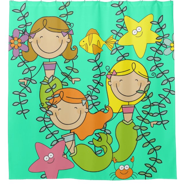Under the Sea Ocean Stick Figure Mermaids Shower Curtain (Front)