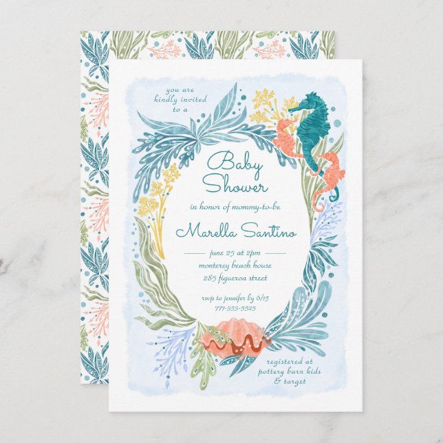 Under the Sea Ocean Waves Seahorse Twins Girls Invitation (Front/Back)