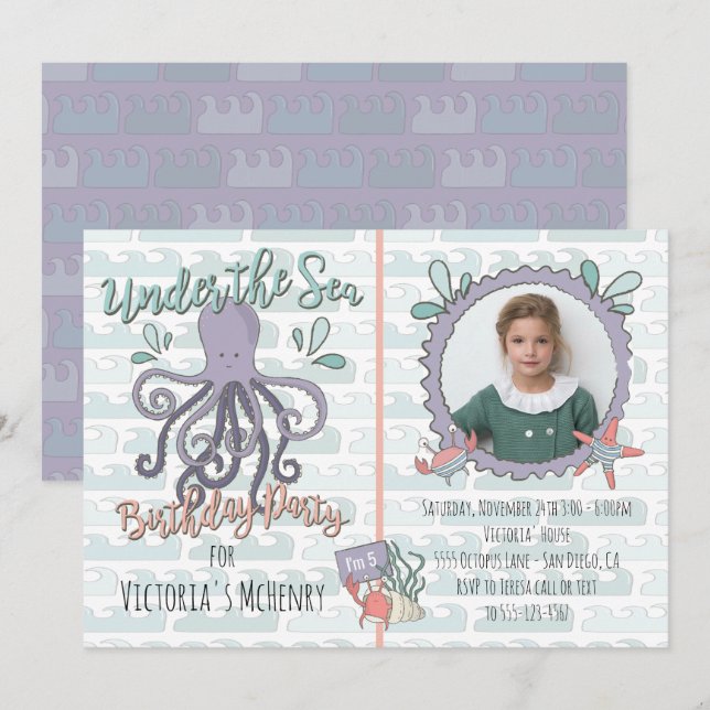 Under the Sea Octopus Birthday Party Picture Invit Invitation (Front/Back)