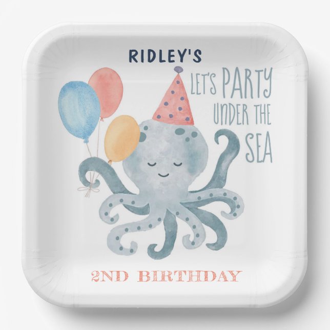 Under The Sea Octopus Watercolor Birthday Paper Plate (Front)