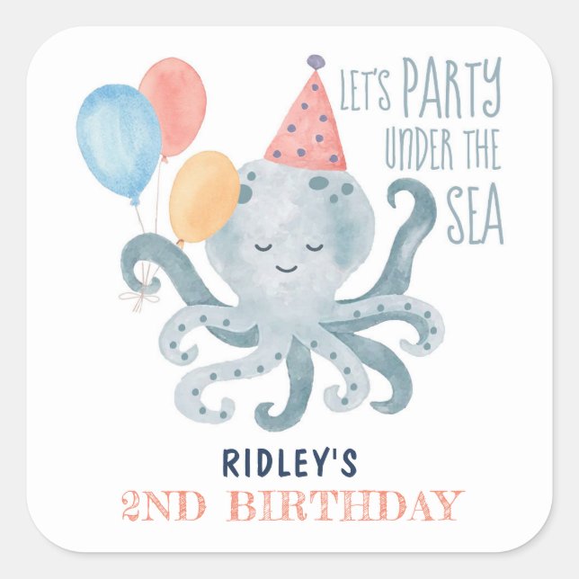 Under The Sea Octopus Watercolor Birthday Square Sticker (Front)
