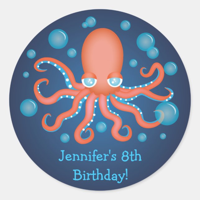 Under the Sea Orange Octopus Birthday Stickers (Front)