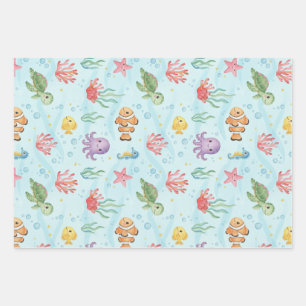 Under the Sea Party Colourful Ocean Creatures Wrapping Paper Sheet