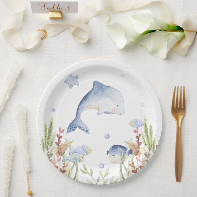 Under the Sea Party Decor, Dolphin Birthday Paper Plate (Wedding)
