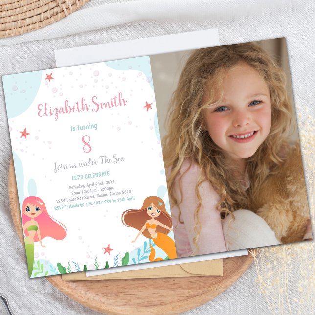 Under the Sea Party Theme for Girls Invitation (8th Mermaid Birthday Invitations with photo)