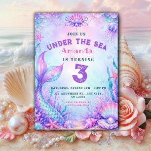 Under the Sea   pastel Mermaid 3rd Birthday girl Invitation
