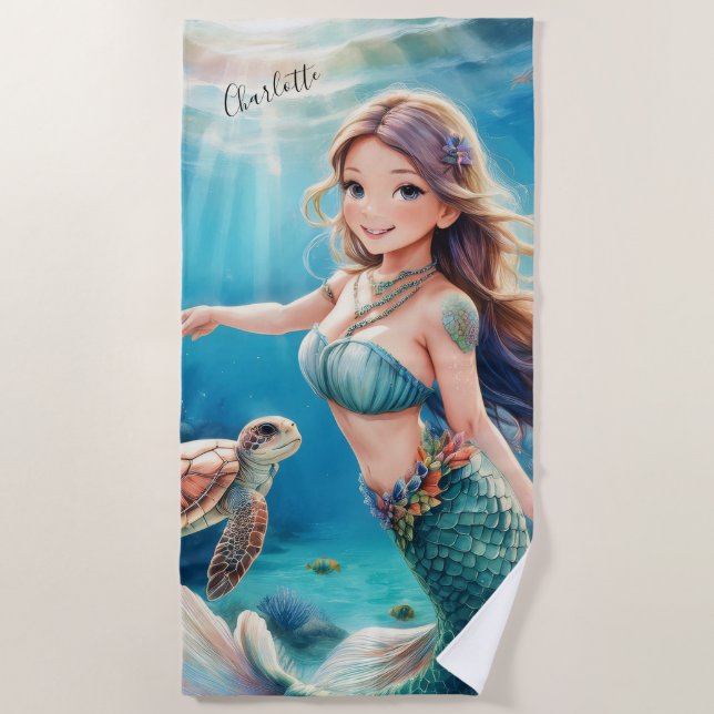 Under the Sea Personalised Mermaid  Beach Towel (Front)