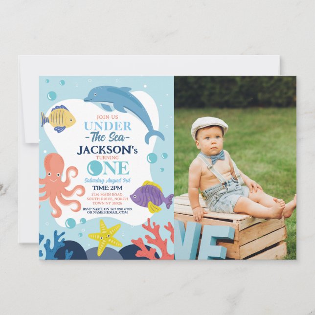 Under The Sea Photo Dolphin Octopus ONE 1st Invitation (Front)