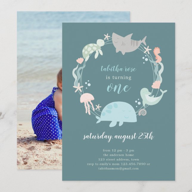 Under The Sea Photo First Birthday Invitation (Front/Back)