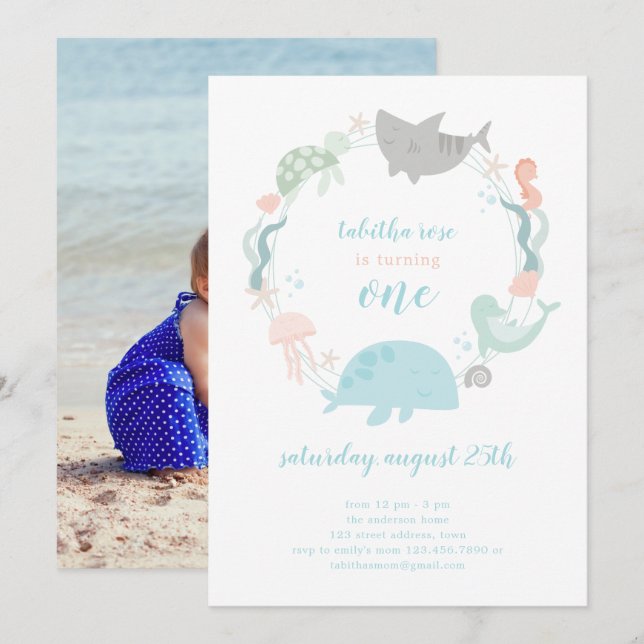 Under The Sea Photo First Birthday Invitation (Front/Back)