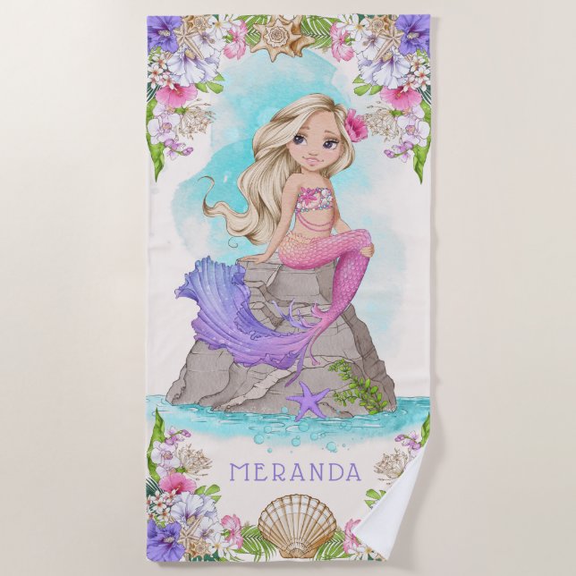 Under the Sea Pink and Purple Mermaid (Blonde)  Beach Towel (Front)