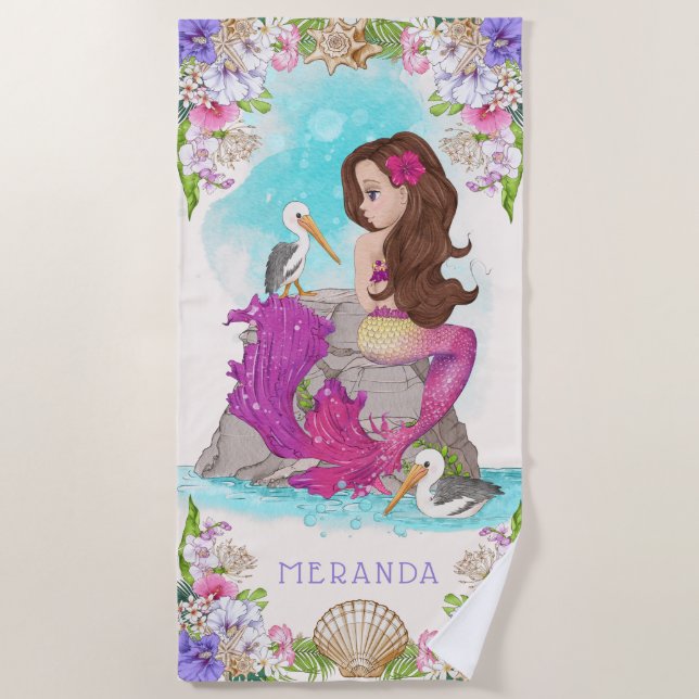Under the Sea Pink and Purple Mermaid (Brunette) B Beach Towel (Front)