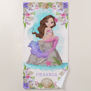 Under the Sea Pink and Purple Mermaid (Brunette) Beach Towel