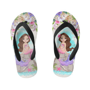 Under the Sea Pink and Purple Mermaid (Brunette) Kid's Flip Flops