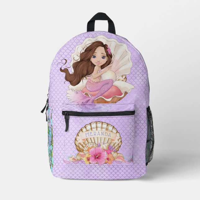 Under the Sea Pink and Purple Mermaid (Brunette)  Printed Backpack (Front)