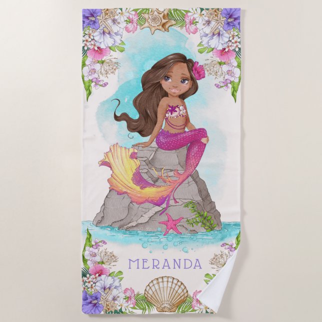 Under the Sea Pink and Purple Mermaid (Dark Skin)  Beach Towel (Front)