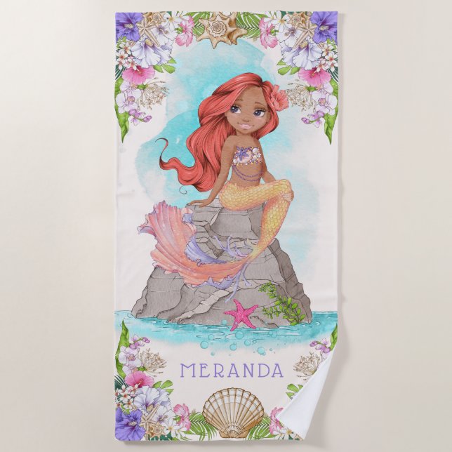 Under the Sea Pink and Purple Mermaid (Dark Skin)  Beach Towel (Front)