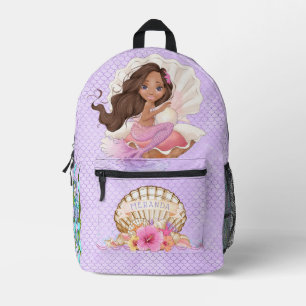 Under the Sea Pink and Purple Mermaid (Dk Skin) Printed Backpack