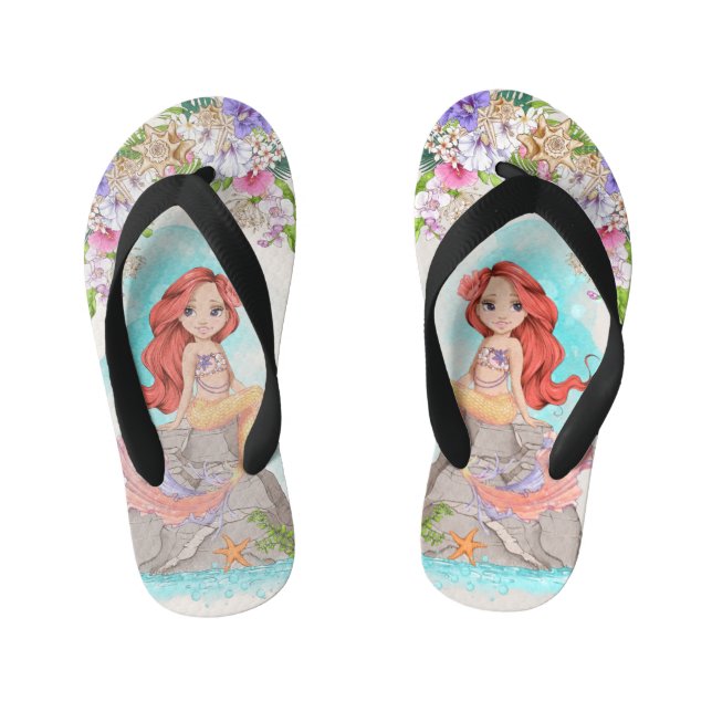 Under the Sea Pink and Purple Mermaid (Red Hair)  Kid's Flip Flops (Footbed)