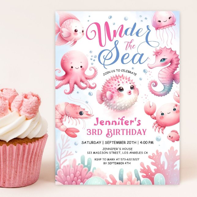 Under The Sea! Pink Cute Ocean Girl 3rd Birthday Invitation (Creator Uploaded)