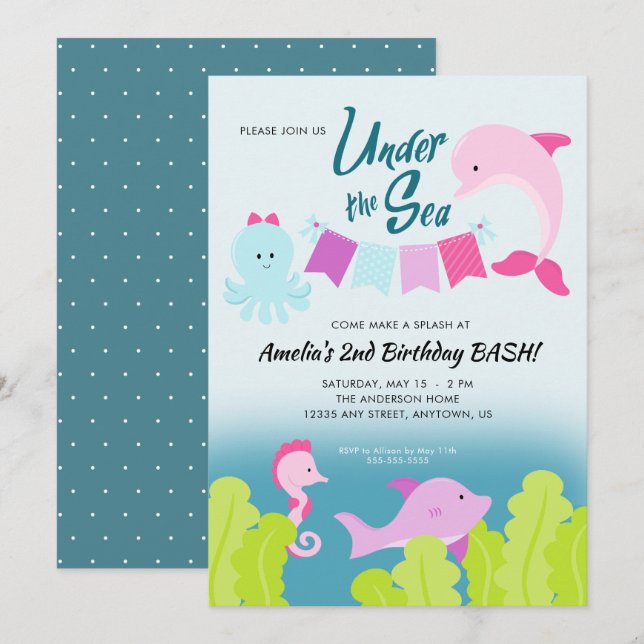 Under the Sea Pink Dolphin Girl's Birthday Party Invitation (Front/Back)