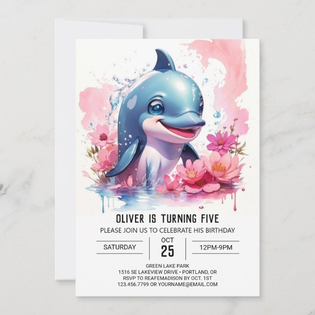 Under the Sea Pink Dolphin Party Birthday Invitation (Front)