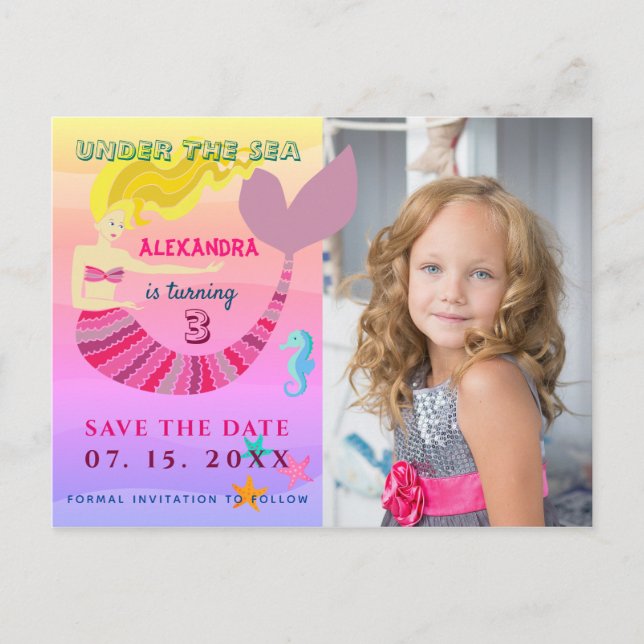 Under The Sea Pink Mermaid Birthday Save The Date Announcement Postcard (Front)