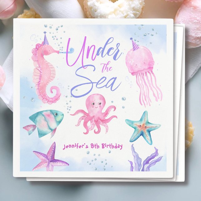 Under The Sea! Pink Ocean Girl 9th Birthday  Napkin (Creator Uploaded)