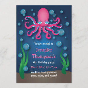 Under the Sea Pink Octopus Birthday Invitations