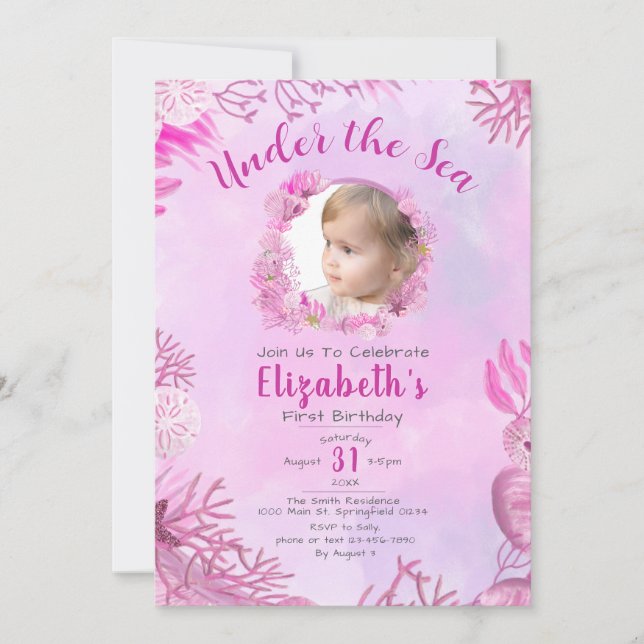 Under the Sea Pink Photo Girl 1st Birthday Party Invitation (Front)