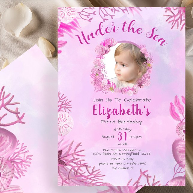 Under the Sea Pink Photo Girl 1st Birthday Party Invitation (Creator Uploaded)