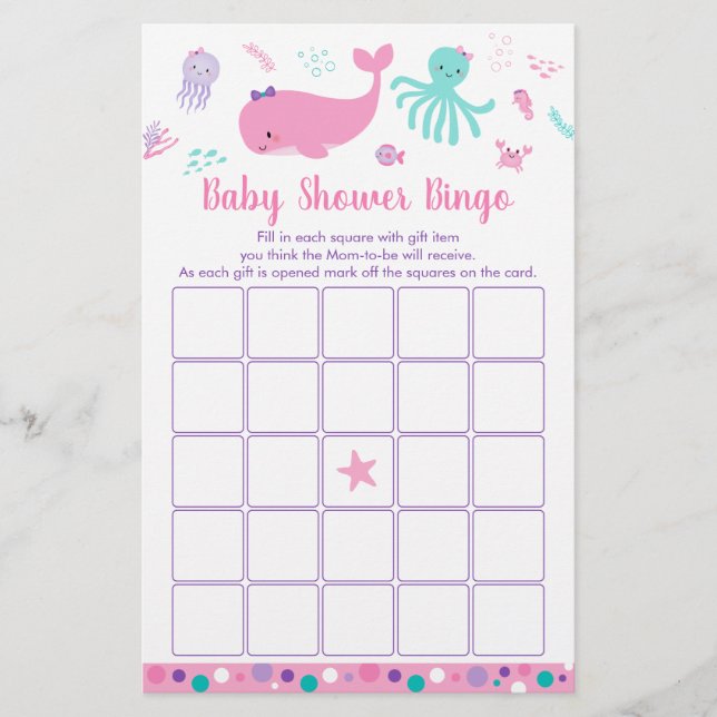 Under The Sea Pink Purple Baby Shower Bingo Game (Front)