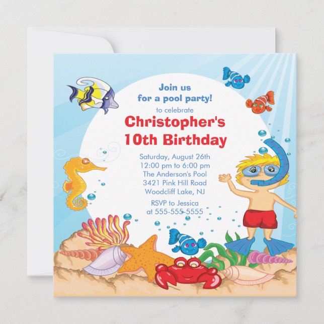 Under the Sea Pool Party Birthday Invitation boy (Front)