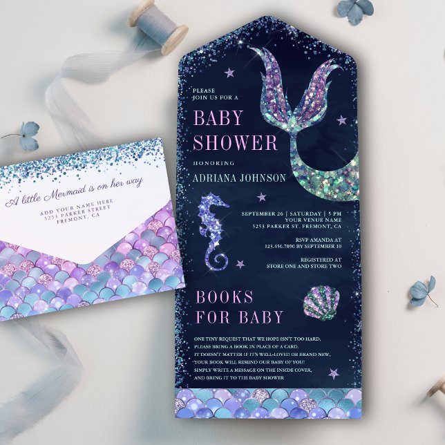 Under the Sea Purple Mermaid Navy Blue Baby Shower All In One Invitation (Creator Uploaded)