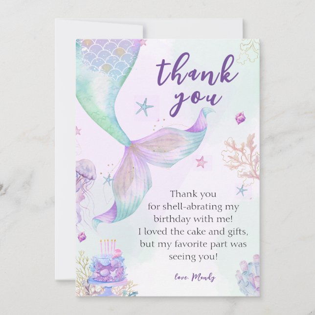Under the Sea Purple Teal Little Mermaid  Thank You Card (Front)