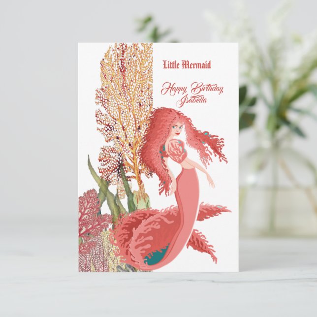 Under The Sea Red Mermaid Coral Birthday Greeting Invitation (Standing Front)