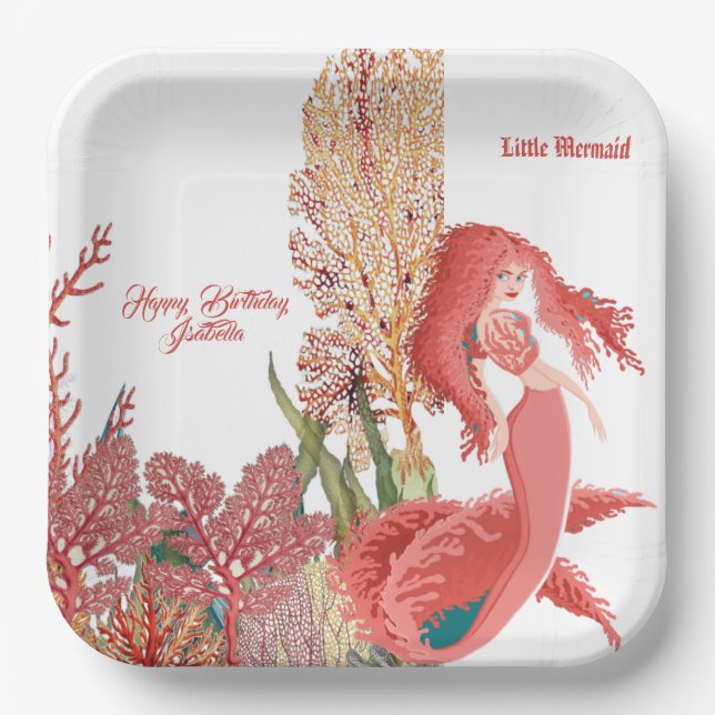 Under The Sea Red Mermaid Coral Birthday Greeting  Paper Plate (Front)