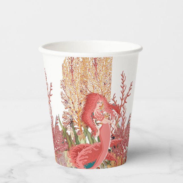 Under The Sea Red Mermaid Coral Birthday Party Paper Cups (Front)